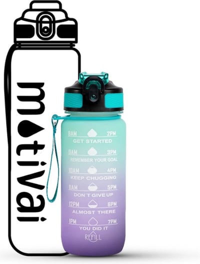 Motivai Motivatie Waterfles - Turquoise/Paars - 600ML Drinkfles - Motivatiefles - Waterfles met Rietje - Waterfles met tijdmarkering - BPA Vrij - Volwassenen - Kinderen