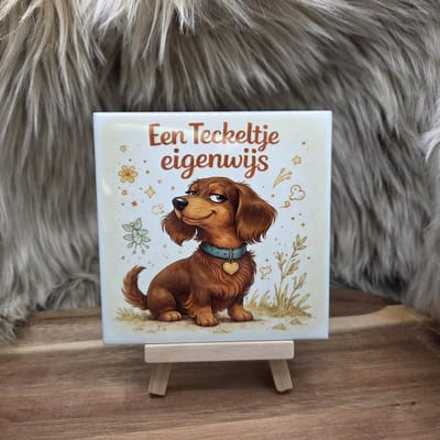 Wenstegeltje " Een teckeltje eigenwijs" bruin – Cadeau voor hondenliefhebbers – Woordgrap – Spreuktegel – Stijlvolle Woondecoratie met Boodschap – Trendy nu– Hip trendy tegeltje – Cadeau – Decoratief Tegeltje met Standaard – Cadeau Idee