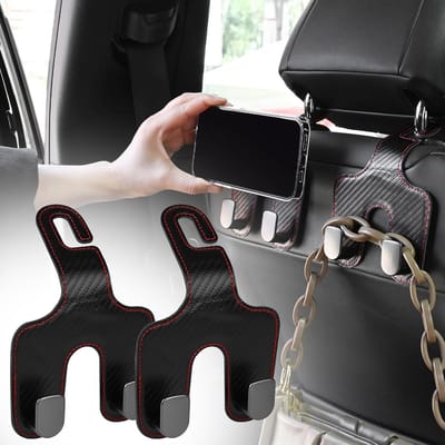 Bag Haken, 2 Packs Lederen Hoofdsteun Beugel Auto Opslag Haak, 2 in 1 Auto Seat Hoofdsteun Hanger, voor Opknoping Portemonnee Handtassen Boodschappentassen (Zwarte rode lijn)