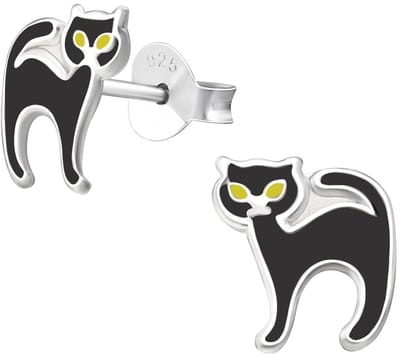 Joy|S - Zilveren kat poes oorbellen - zwart met gele oogjes - 8 mm - halloween - kinderoorbellen