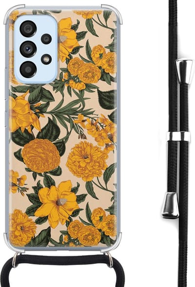 Hoesje met koord - Geschikt voor Samsung Galaxy A53 - Retro flowers - Verstelbaar zwart koord - Crossbody - Bloemen - Transparant, Oranje - Leuke Telefoonhoesjes