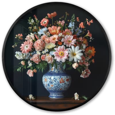 Poster in lijst Rond - Fotolijst 60x60 cm - Posters - Hout - Vaas - Kleuren - Bloemen - Ronde posterlijst zwart - Decoratie - Wanddecoratie woonkamer - Muurdecoratie slaapkamer