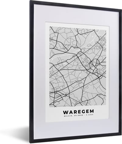 Fotolijst incl. Poster Zwart Wit- België – Waregem – Stadskaart – Kaart – Zwart Wit – Plattegrond - 30x40 cm - Posterlijst
