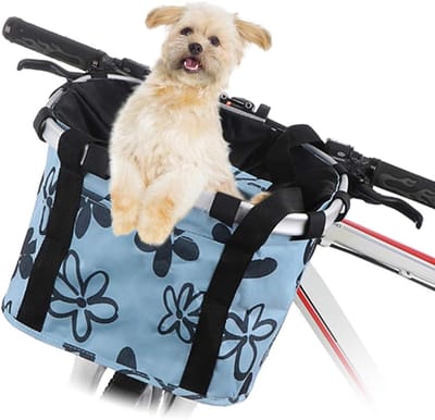 Afneembare, opvouwbare fietsmand voor kleine honden, aan de voorkant te bevestigen mand met een leuk ontwerp, afneembare stuurstang met snelsluiting, mountainbiketas voor dames, perfect voor picknicks, boodschappen en woon-werkverkeer - blauw.