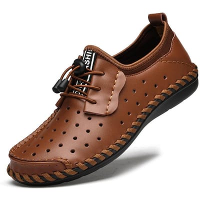 Zomer Slip-on Lofter Heren Leer Gaten Schoenen Heren Rijden Casual Leren Schoenen Ademend Erwtjes Board Schoenen Mode 47 lichtbruine kleur