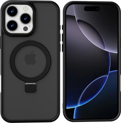 Hoesje Geschikt voor iPhone 16 Pro Magsafe hoesje - hard backcover - Magnetische Standaard - Ringhouder - Mat Transparant / Zwart