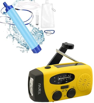 Noodpakket 6 IN 1 Noodradio + Waterfilter Set - Opwindbaar + Zonneenergie + Nood Radio Op ingebouwde Batterijen ( Accu ) - Solar - Voor Rampen - Draagbare - FM AM - Geel