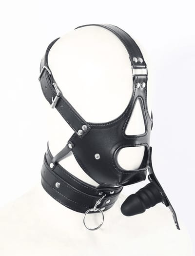 Adultshop - Luxe PU Leder Collar Masker met Ingebouwde Gag - Volledig Verstelbaar BDSM Hoofdharnas in Zwart