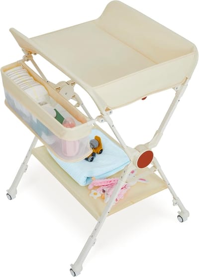 Opvouwbare wisseltafel met wieltjes, 3-traps hoogteverstelling en plank – 73 x 70 x 106,5 cm voor pasgeborenen en peuters, Crèmekleurige