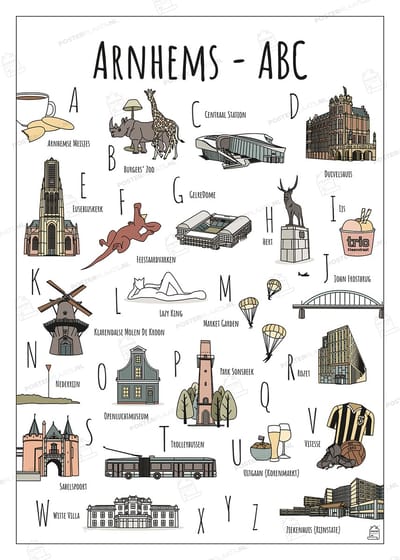 ABC Poster Arnhem - 50 x 70 cm - Educatieve Letterposter met Handgetekende Illustraties - Kinderkamer & Wanddecoratie - Woondecoratie - Relatiegeschenk