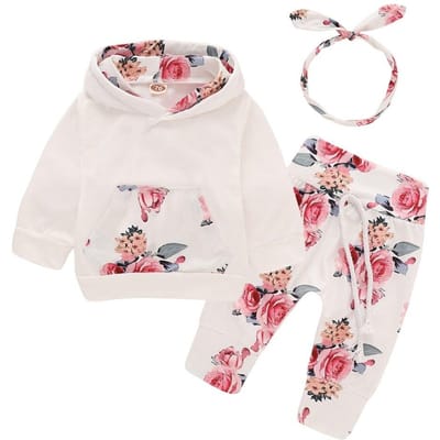 0-18 Mois Bébé Fille 3 Pièces Ensemble Vêtements à Capuche Imprimé Fleurs Manches Longues Haut+Pantalon+Bandeau Nœud Mode Tenue d'Automne 70 (0-3M) white