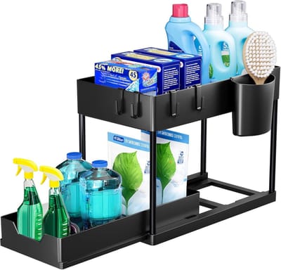 Thijox - Puricon Opbergrek Onder de Gootsteen, Multifunctioneel Keukenopberger met Uitschuiflade, 2 Niveaus, Zwart, Ideaal voor Badkamer, Aanrecht en