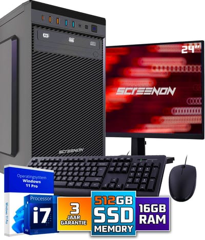 Intel Compleet PC SET | Intel Core i7 | 16 GB DDR4 | 512 GB SSD + 24 Inch Monitor + Muis + Toetsenbord | Windows 11 Pro + WiFi & Bluetooth