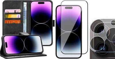 Hoesje geschikt voor iPhone 14 Pro - Book Case Kunstleer Wallet Cover Portemonnee Pasjeshouder Hoes Zwart - Full Tempered Glass Screenprotector - Camera Lens Protector