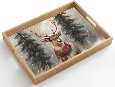 Dienblad hout 50x35 cm - Schootdienblad - Winter - Bos - Rendier - Donker - Borrelplank rechthoek - Plateau dienbladen