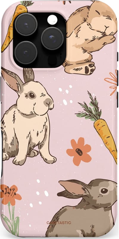 Casetastic hoesje geschikt voor Apple iPhone 16 Pro - MagSafe - Dubbellaagse bescherming - Hop hop knuffels - Fashion Case - Lichtroze Lichtgrijs Taupe Perzik