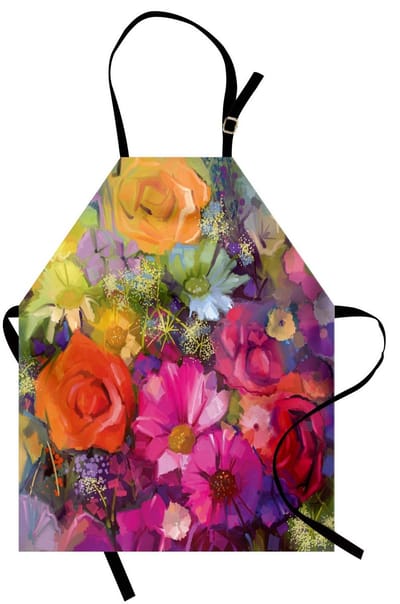 ABAKUHAUS Bloemen-kookschort met een levendig bloemenboeket: madeliefjes, pioenroos & gerbera - romantische print, kleurvast, in hoogte verstelbaar, wasbaar, heldere digitale afdruk, veelkleurig