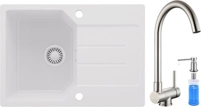 Anycee MAX Spoelbak Keuken 65x45CM - Granieten Spoelbakken Met Hoge Druk Keukenkraan en Zeepdispenser - Onderbouw Spoelbak Wit - Met waterafvoersysteem - Voor 40 cm kast