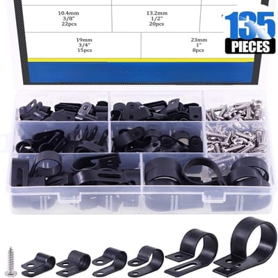 Famanu – 135 stuks nylon R-type kabelclips met schroefmontage - 6 maten van 1/4 tot 1 inch - inclusief 132 schroeven - voor draad- - kabel- en leidingbeheer (zwart)