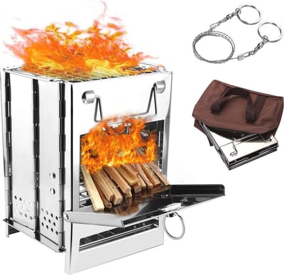 Draagbare Houtkachel voor Camping en Buitenactiviteiten - Opvouwbare Roestvrijstalen Fornuis met BBQ-grill en Opbergtas