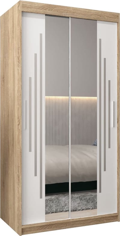 InspireMe - Kledingkast met 2 schuifdeuren, Modern-stijl, Een kledingkast met planken en een spiegel (BxHxD): 100x200x62 - MALTESE I 100 Sonoma Eik + Wit Mat