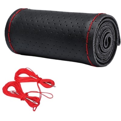 Housses de volant universelles en cuir souple tressé pour volant de voiture avec aiguilles et fil Accessoires d'intérieur rouge