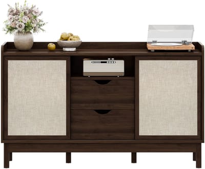 Sideboard met schuifdeuren en lades - Retro kleurblokdesign - Griffloze schuifdeuren, 2 lades, open rek en verstelbare planken - Geschikt voor woonkamer en eetkamer