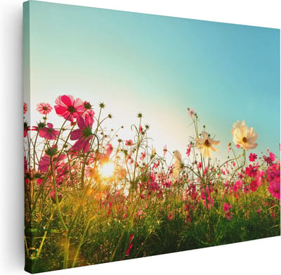 Artaza Canvas Schilderij Bloemenveld - 40x30 cm - Klein - Muurdecoratie Roze Bloemen - Wanddecoratie Woonkamer - Kamer Accessoires
