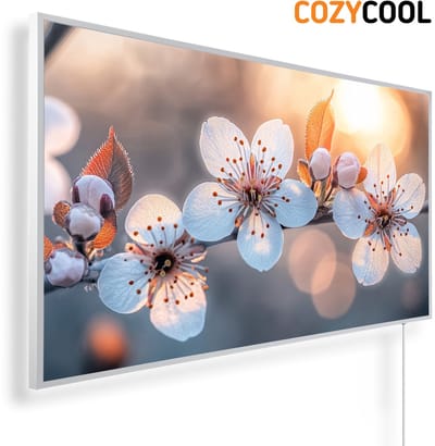 Infraroodpaneel met afbeelding | Kersenboomtak met witroze bloemen | 1200 Watt | Witte lijst | Infrarood verwarmingspaneel | Infrarood paneel | Infrarood verwarming