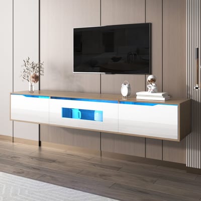 REDOM TV-meubel 180x35x30 cm van spaanplaat, hoogglans wit en houtkleur, met geribbelde deuren en LED-verlichting