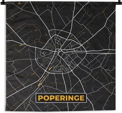 Wandkleed - Wanddoek - Stadskaart - Poperinge - Black en gold - Plattegrond - Kaart - 180x180 cm - Wandtapijt