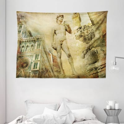 ABAKUHAUS Italië Wandtapijt, Florence Kunstcollage Michelangelo David Renaissance, 150 x 110 cm, licht oranje mintgroen