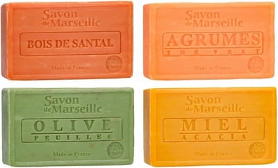 Set Marseille zeep 4 x 100 gram in geuren sandalwood-citrus-olijven-honing - Franse handzeep - Marseillezeep