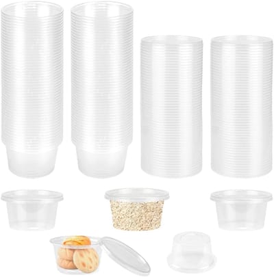 Opbergdozen met deksel, 100 ml, vershouddozen, lekvrij, kleine plastic containers, opbergbeker, containers, sausbekers voor sauzen, dips, specerijen, magnetronbestendig, 100 stuks