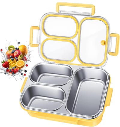 QTTVBTNA - Lunchbox van Roestvrij Staal – 3 Vakjes met Losse Dichtingsringen – Uitloopvrije Broodtrommel, BPA-vrij en Vaatwasserbestendig – Voor School, Werk en Picknick - 800ml