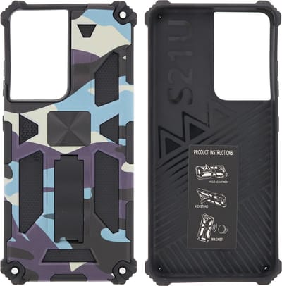 Hoesje Geschikt Voor Samsung Galaxy S21 Ultra Hoesje - Rugged Extreme Backcover Camouflage met Kickstand - Paars
