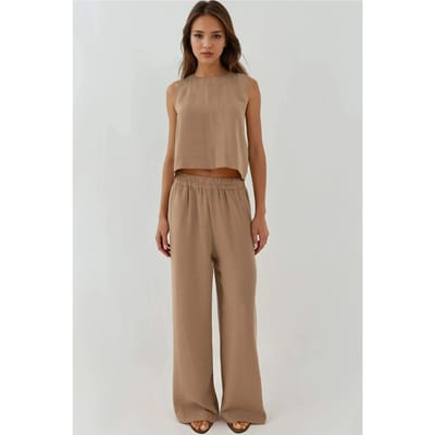Linnenlook Blouse & Elastische Taille Broek Twee-delige Coördinatie Set