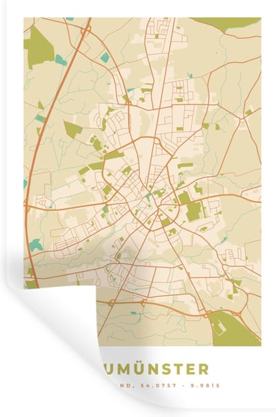 Muurstickers - Sticker Folie - Plattegrond - Neumünster - Kaart - Stadskaart - Vintage - 20x30 cm - Plakfolie - Muurstickers Kinderkamer - Zelfklevend Behang - Zelfklevend behangpapier - Stickerfolie