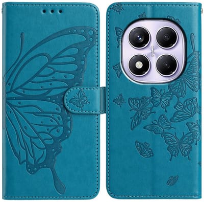 Hoesje Vlinder Bloem Book Case Pasjeshouder Blauw Geschikt voor Xiaomi Redmi Note 14 Pro 4G