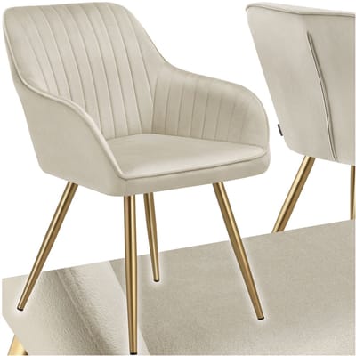 tectake® Eetkamerstoel Marilyn - Gestoffeerde Stoel in Fluweellook - Doorgestikt - Zwarte Stoelpoten - Ergonomische Keukenstoel - Met Doorlopende Rugleuning en Armleuningen - Stoel voor Woonkamer, Eetkamer, Slaapkamer - Creme