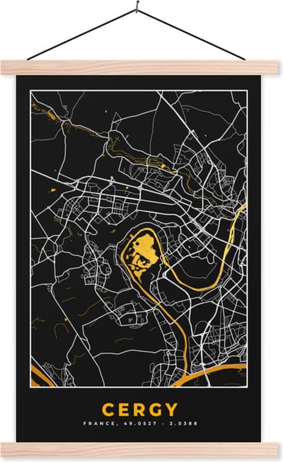 Posterhanger incl. Poster 40x60 cm - Schoolplaat - Kaart – Stadskaart – Cergy - Plattegrond – Frankrijk - Textielposter - Blanke latten - Stadskaart