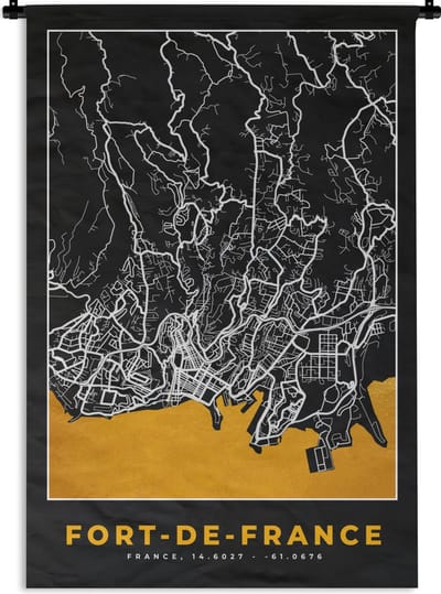 Wandkleed - Wanddoek - Kaart – Stadskaart – Fort-de-France - Plattegrond – Frankrijk - 120x180 cm - Wandtapijt