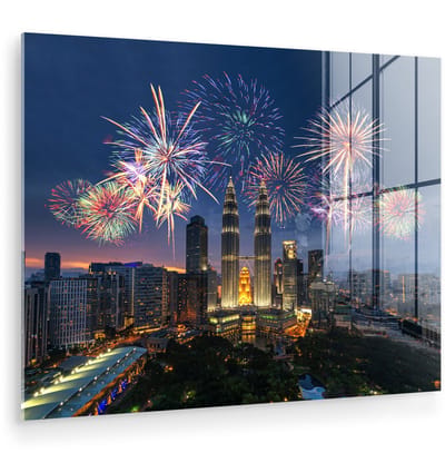 ® Glasschilderij 160x120 cm - Schilderij acrylglas - Prachtig vuurwerk boven Kuala Lumpur en de Petronas Towers - Foto op glas - Muurdecoratie woonkamer - Wanddecoratie slaapkamer - Schilderijen