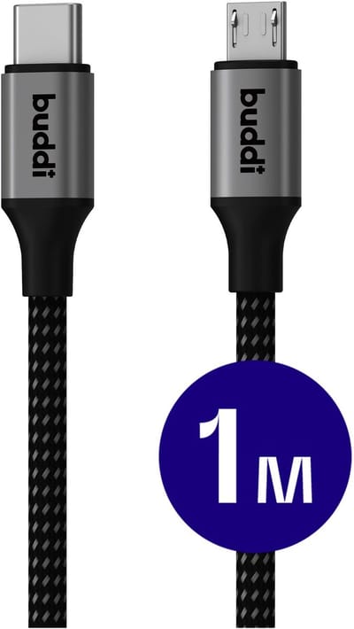 Buddi Flex | USB-C naar Micro-USB Kabel 12W 5V/2.4A | 480Mbps Dataoverdracht | Gevlochten Nylon | 1M | Zwart