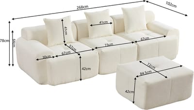 MODENUIT Hoekbank 268 x 102 x 78 cm - 3-Zits Modulair Met Verplaatsbare Hocker - Voor Woonkamer - Stof Beige