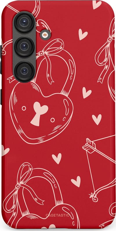 Casetastic Hoesje Geschikt voor Samsung S25 - Stijlvolle Beschermende Duo-layer Case - Hartendief - Liefdes Slotjes - Valentijn - Valentine - Love - Rood Wit
