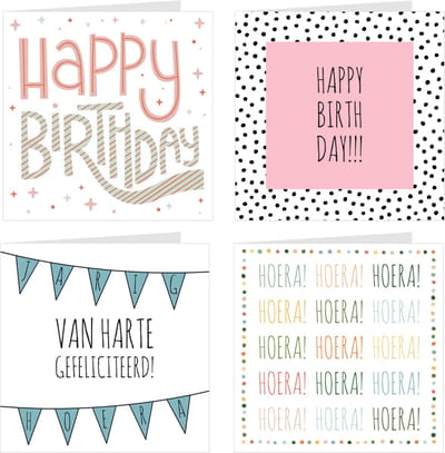 4x verjaardagskaarten | HAPPY BIRTHDAY | wenskaarten / set kaarten met enveloppen | jarig / verjaardag