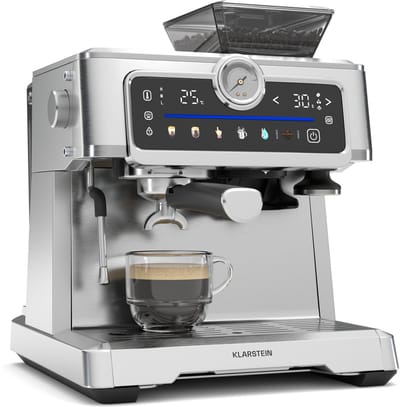 Klarstein GrandPresso Touch espressomachine met molen – 20 bar, 1350 W, geïntegreerde precisiemolen, 2,3 liter waterreservoir, touchscreen, roestvrij staal, stoompijpje, drukmeter.