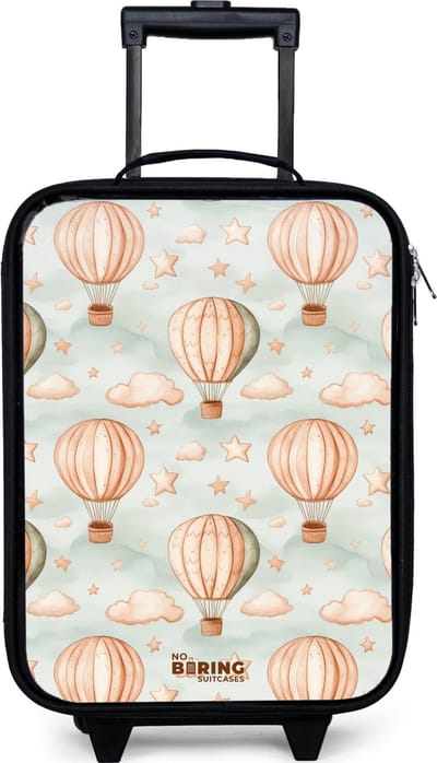 NoBoringSuitcases.com® - Kinderkoffer jongen - Kindertrolley meisje - Vintage luchtballonnen in sepia met wolken en sterren - Koffer kind lichtgewicht - Reiskoffer trolley voor kinderen - Koffertje met lichtgevende wieltjes - Rolkoffer zwart