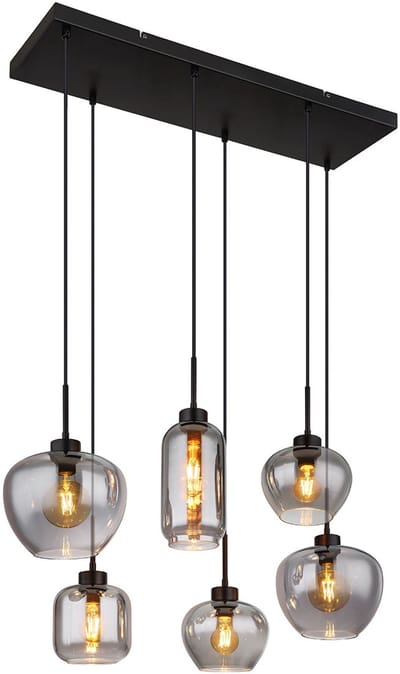 Globo - hanglamp - Matt - zwart - glas smoke glas - grote eettafellamp - E27 - 15549-6SH